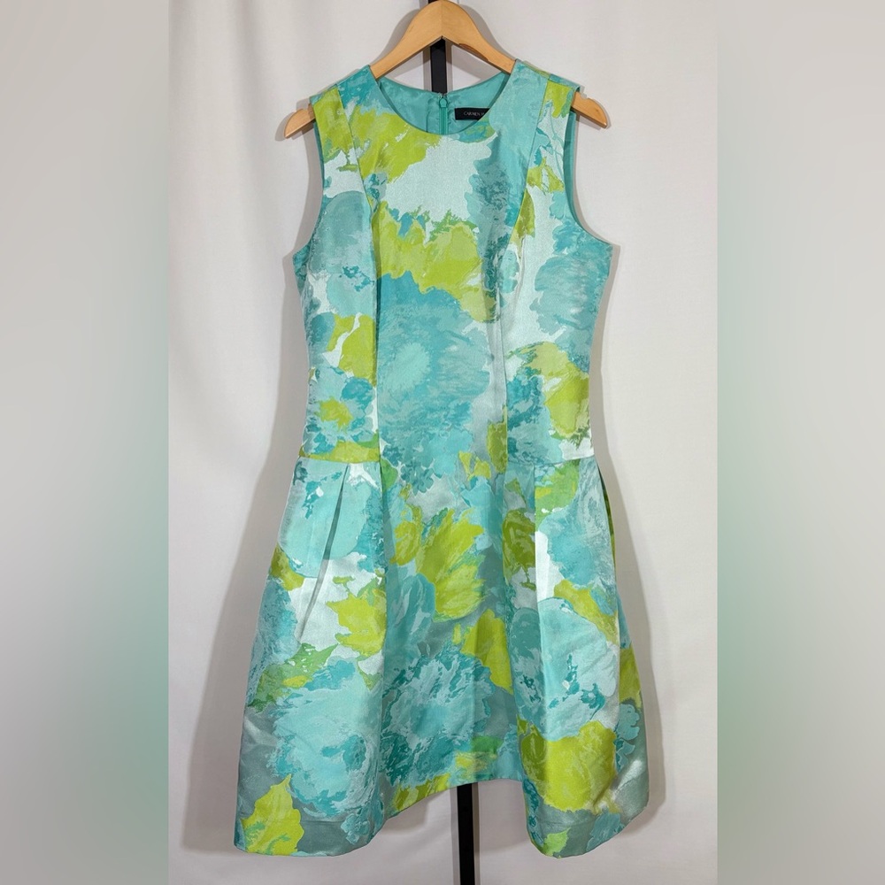 Carmen Marc Valvo Sleeveless Blue and Green Abstract Print Size 12
